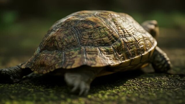 A speckled brown turtle rests on mossy ground, shell with intricate patterns in focus