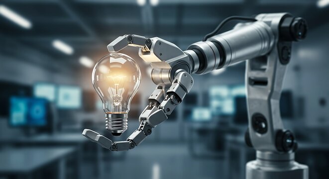 Robotic arm gently holds glowing lightbulb, symbolizing innovation - Powered by Adobe