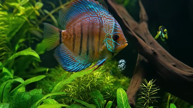 A discus fish with blue accents swims in an aquarium filled with lush green plants