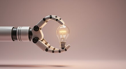 Robot hand holds glowing light bulb, symbolizing innovation and AI