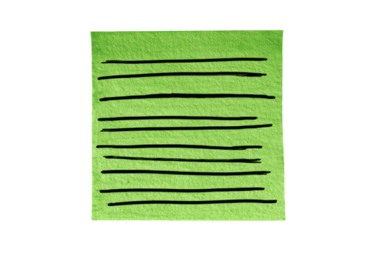 A lime green sticky note with evenly spaced black lines