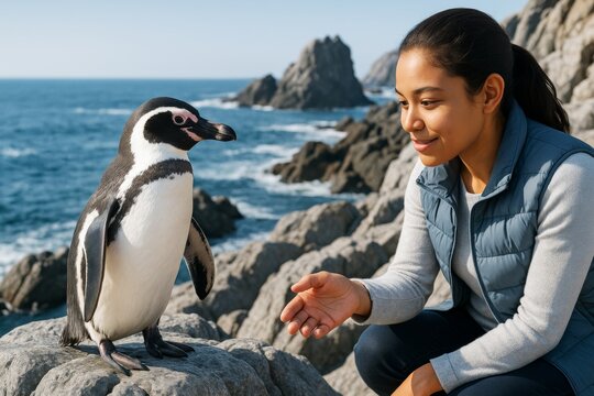 Young woman interacting with a penguin on rocky coastline under bright daylight, with ocean and cliffs in the background as scenic natural setting. Ai generative - Powered by Adobe