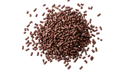 Pile of chocolate sprinkles granules with glossy texture and scattered bits, isolated on white background