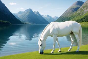 Majestic white horse grazing on vibrant green grass beside a calm mountain lake under clear blue sky in serene natural landscape concept. Ai generative