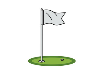 A white flag planted in a golf hole on a green course, representing the sport.