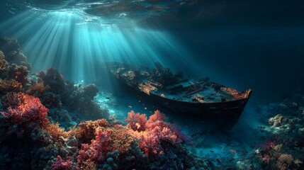 Fototapeta premium sunken shipwreck resting on vibrant coral reef, underwater scene illuminated by rays of sunlight piercing through the ocean surface, deep blue water, dramatic and mysterious seascape
