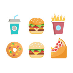Colorful food vector icons featuring drink, burger, fries, donut, and pizza  