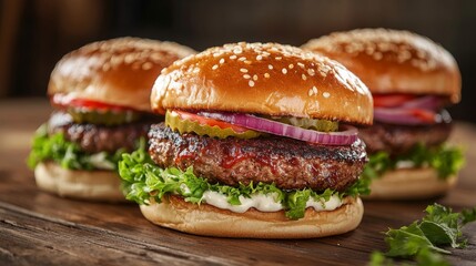 Delicious grilled beef burgers with fresh lettuce, tomato, onion, and melted cheese served on a wooden table, perfect for fast food, casual dining, or summer bbq menu concepts




