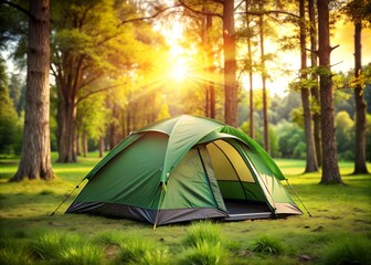 Illustration of camping tent in the forest with the sun shining through the trees