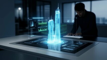Man working on a holographic smart table, designing a 3D architectural building, showcasing futuristic technology and innovation in design footage. - Powered by Adobe