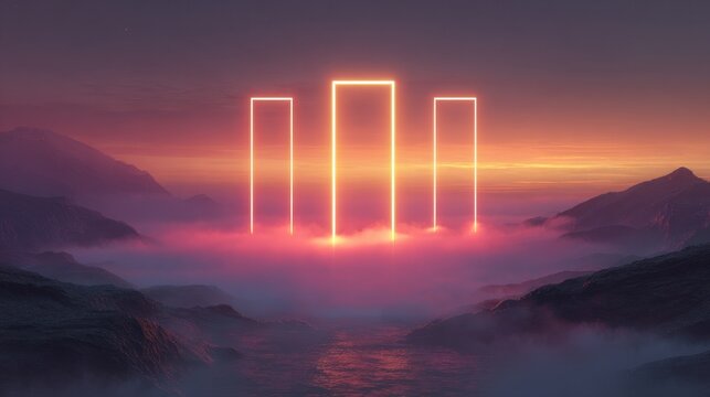 Futuristic Neon Portals Glowing Over a Misty Landscape During a Vibrant Twilight Sky