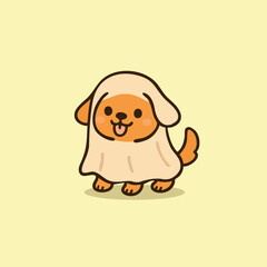 Adorable kawaii puppy dog wearing a friendly ghost sheet costume for Halloween with a happy expression and rosy cheeks.
