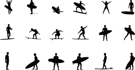 Silhouettes of surfers with surfboards, surfing poses, standing, walking, riding waves, beach activity, flat vector illustration
