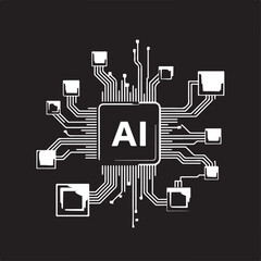 Processor with integration AI. AI Letters on chip. CPU connected to data storage. Artificial intelligence technology in electronic chip. Data processing by artificial intelligence chip.