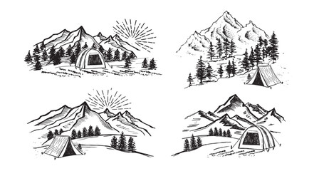 Camping in nature, Mountain landscape, sketch style.