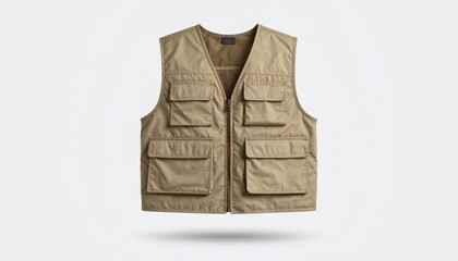 Naklejka premium 3D Mockup of Light Brown Utility Vest - Front View on White Background, Multi-Pocket Tactical Design for Fashion or Product Display