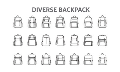  Scalable vector illustration featuring outdoor, travel, fashion, modular, slim, convertible, roll-top, and structured backpacks, easily editable.