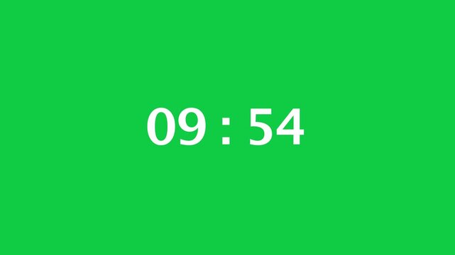 Digital countdown timer with a green screen background. Time counts down from 10 minute to 9 minute.