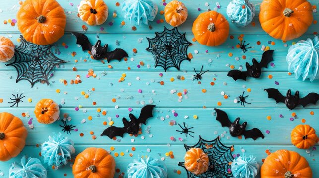 top view halloween flat lay, colorful festive decorations on turquoise wood table, small orange pumpkins, black spider webs, toy spiders, bats, ghosts, vibrant party paper cutouts, confetti