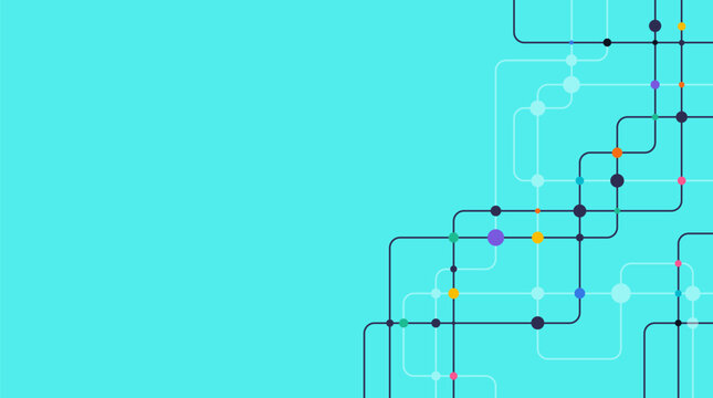 Vibrant metro transit map with colorful interconnected lines and nodes on bright cyan background, ideal for urban transport and planning designs.