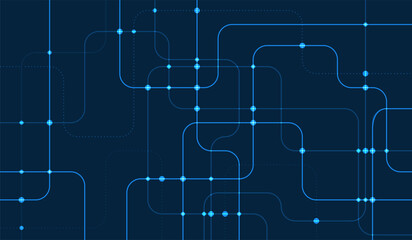Futuristic digital network with curved blue circuit lines and glowing nodes on dark background, ideal for tech, data, and connectivity concepts.