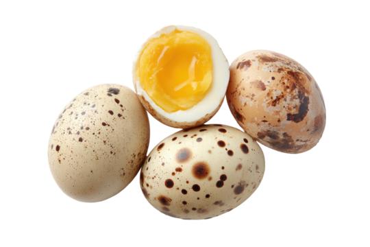 Four speckled quail eggs, one halved, revealing a bright yellow yolk