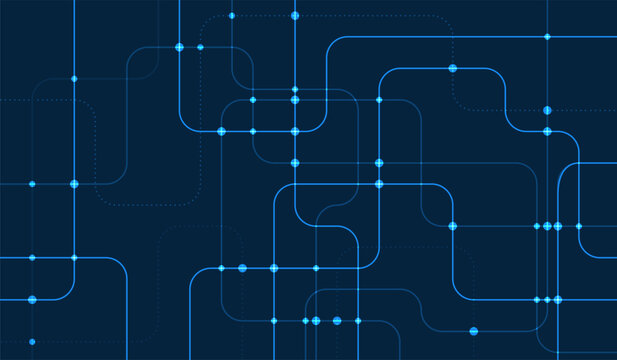 Futuristic digital network with curved blue circuit lines and glowing nodes on dark background, ideal for tech, data, and connectivity concepts.