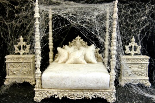 Intricately crafted miniature bedroom set draped in cobwebs, evoking an eerie and gothic atmosphere