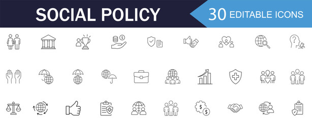 Social policy line icons set. Collection of Social services Linear Icons, Including, healthcare, family, education, protection, law, insurance, healthcare, reform and more. vector illustration.