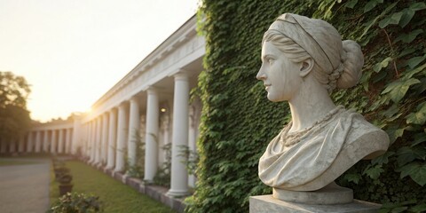 Obraz premium Classical sculpture bust overlooking a sunlit colonnade and lush greenery