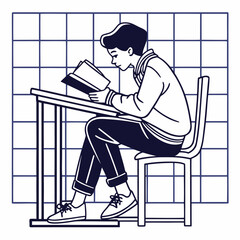 A student is reading a book while sitting at a desk isolated on white background