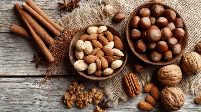 Warm Autumn-Themed Still Life Featuring Assorted Nuts in a Wooden Bowl and Cinnamon