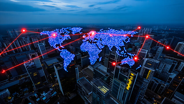 Global network connecting city buildings with digital world map digital map city skyline - Powered by Adobe