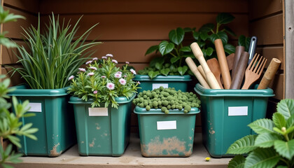 Organizing gardening shed with green containers and plants sitting on wooden shelf, or organising garden shed, is simple. Organising garden shed tools and pots with houseplants is efficient.