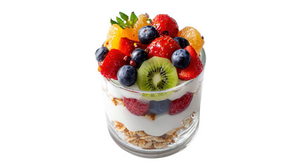 Artistic arrangement of layered yogurt parfait with fruit toppings, top view isolated on a Transparent background, PNG file.