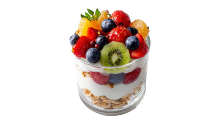 Artistic arrangement of layered yogurt parfait with fruit toppings, top view isolated on a Transparent background, PNG file.