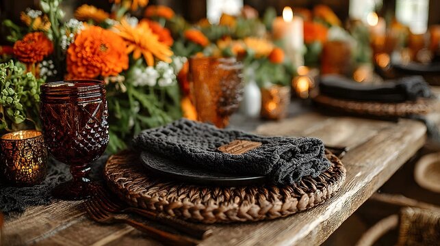 A richly colored autumnal table setting with dark accents. - Powered by Adobe