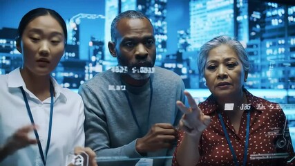 Teamwork in Tech Analyzing Data on a Transparent Screen - Powered by Adobe