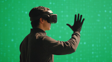 A young man engaged in virtual reality, wearing a VR headset and gloves, exploring digital landscapes and interactive environments.