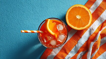 Vibrant Cold Citrus Drink with Straw and Fresh Orange Slice in a Sunny Beach-Themed Setting