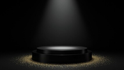 Black stage podium spotlight with black velvet background
