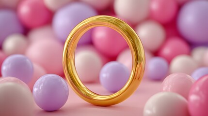 Gold ring in front of pastel-colored spheres.