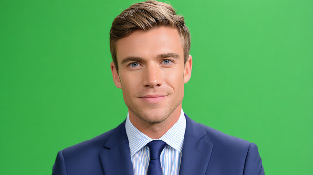 Confident young businessman posing in front of a green screen, ready for a corporate video or presentation. - Powered by Adobe