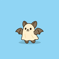 Adorable cartoon bat in a friendly ghost costume with brown ears and wings.