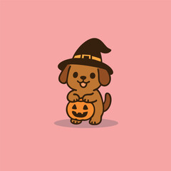 Adorable brown puppy in a witch hat holding a jackolantern cute Halloween character illustration.