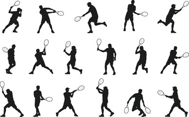 Silhouette collection of tennis players in action, racket swings, serve, backhand, forehand, sporty poses, flat vector illustration