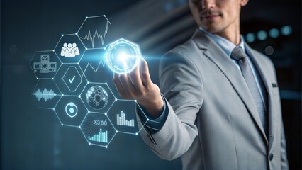 A businessman touches a virtual screen, pressing a digital button on a futuristic network interface