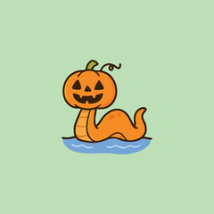 Cartoon PumpkinHeaded Nessie in Water Halloween Creature Design.