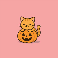 Adorable Orange Tabby Kitten Resting on a Carved Halloween Pumpkin.