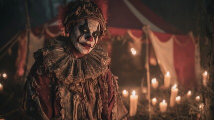 Obraz premium twisted circus theme, creepy ghost clown with sinister makeup and vintage tattered costume, standing in eerie halloween night forest, surrounded by glowing candles